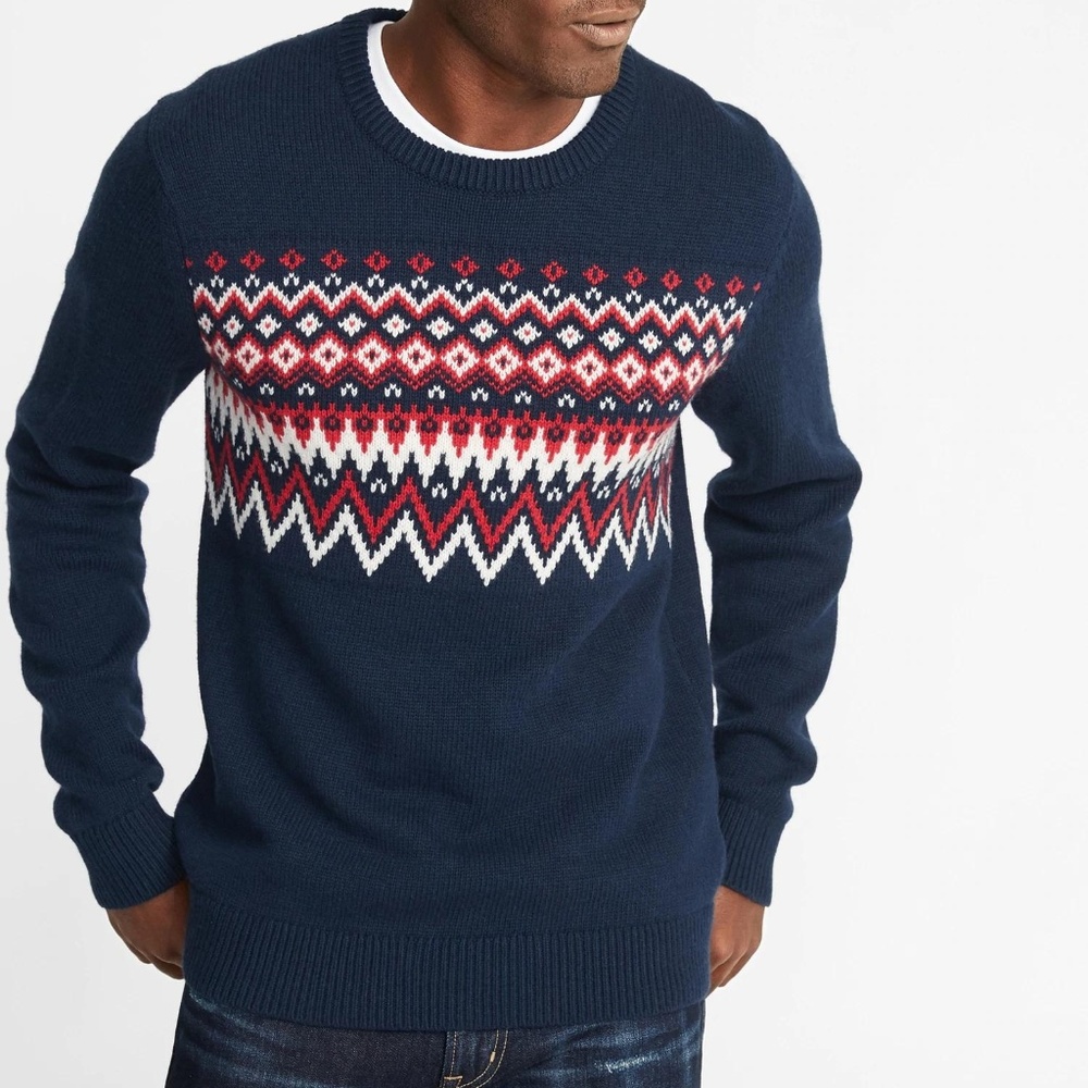Old Navy Men's Blue Fair Isle Crew-neck Sweater
